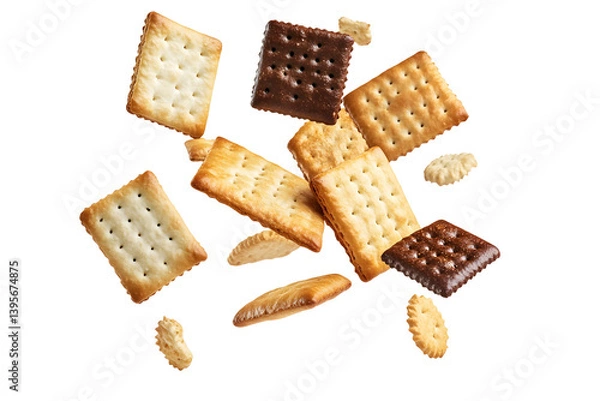Fototapeta Assorted Crackers Floating Isolated on White