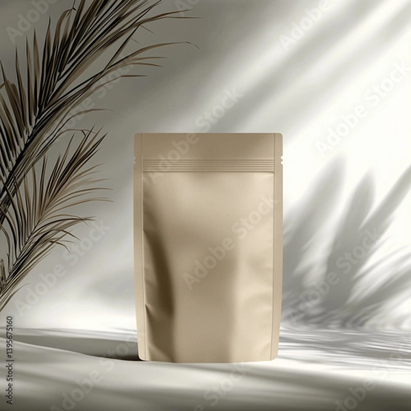 Fototapeta Minimalist Paper Pouch Packaging Mockup with Soft Shadows and Palm Leaf Accent