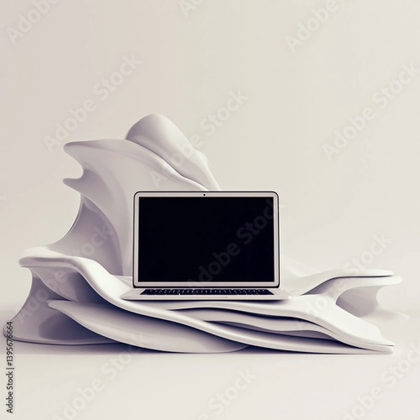 Fototapeta Laptop Mockup on Modern Abstract Sculptural Surface with Blank Screen