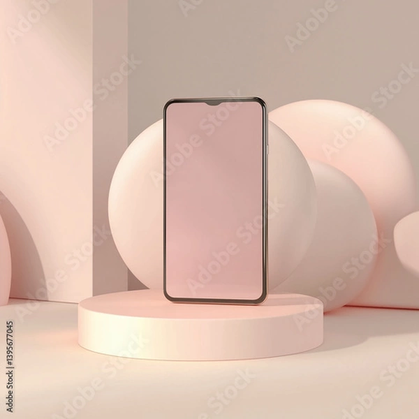 Fototapeta Floating Smartphone Mockup on Soft Pink Background with 3D Abstract Design