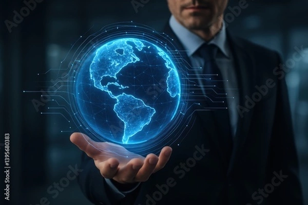 Fototapeta A businessman holds a hologram globe, symbolizing technology and global connectivity in a modern setting.