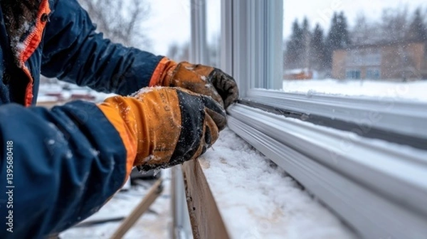 Fototapeta Worker installing window in winter home construction
