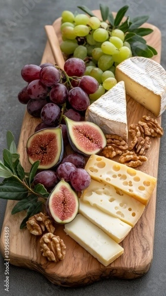 Obraz Gourmet Cheese Board with Figs, Grapes, and Walnuts, Rustic Presentation