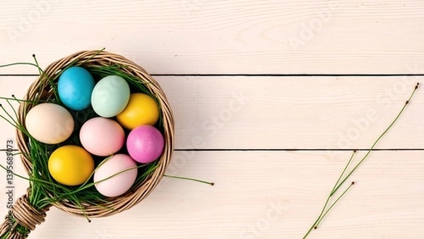 Obraz Colorful easter eggs in a basket on a white wooden background