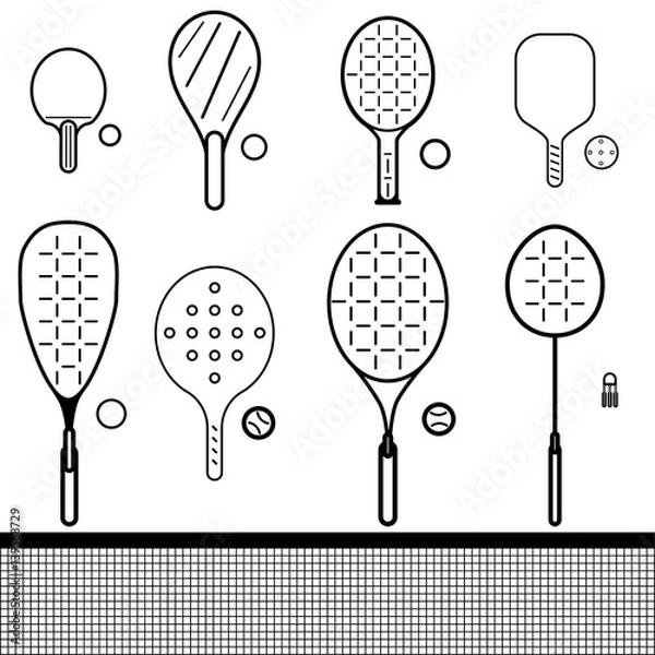 Fototapeta vector icons set of different game rackets, balls and shuttlecock to play to badminton, table and big tennis, beach  and platform tennis, pickleball, squash on white isolated backgrounds