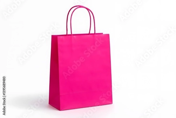 Fototapeta Bright pink shopping bag with handles standing on a white background. Minimalist and modern design, perfect for retail, branding, packaging, or promotional concepts.