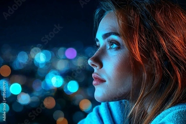 Obraz Person gazing contemplatively towards a glowing city skyline at night