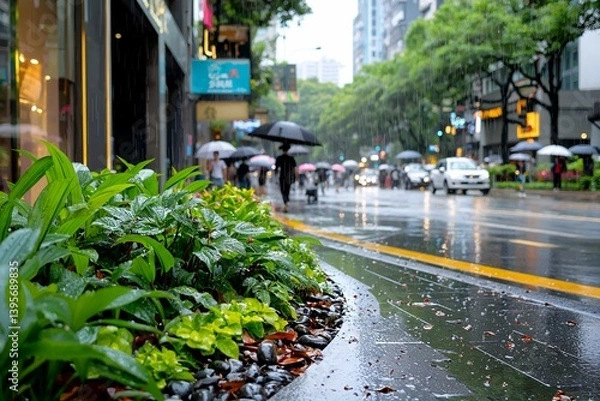 Obraz Busy urban street on a rainy day with people walking under umbrellas and warm storefront glow