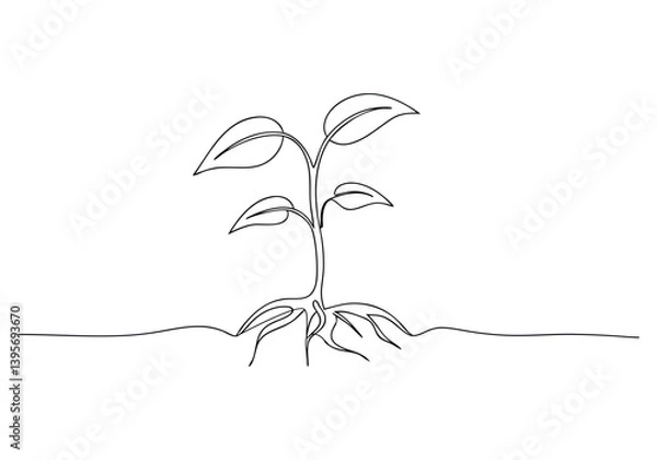 Fototapeta Single continuous line art of a growing sprout in minimalist vector style symbolizing growth and nature