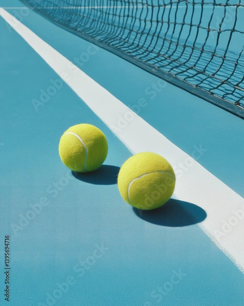 Fototapeta Two yellow tennis balls on a blue court near a white line, with a black net casting shadows in bright sunlight 