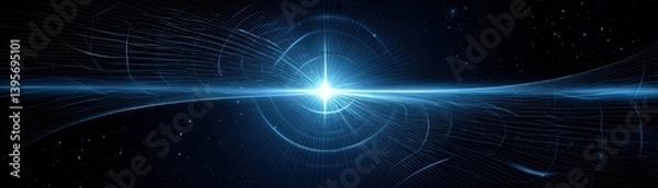 Fototapeta A vibrant, cosmic image depicting light radiating from a central point, surrounded by flowing lines and a starry background, evoking a sense of depth and wonder.