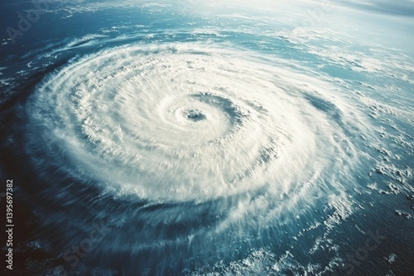 Obraz A swirling cyclone viewed from above, displaying the intense spiral formation and immense power of nature's storms over the ocean.