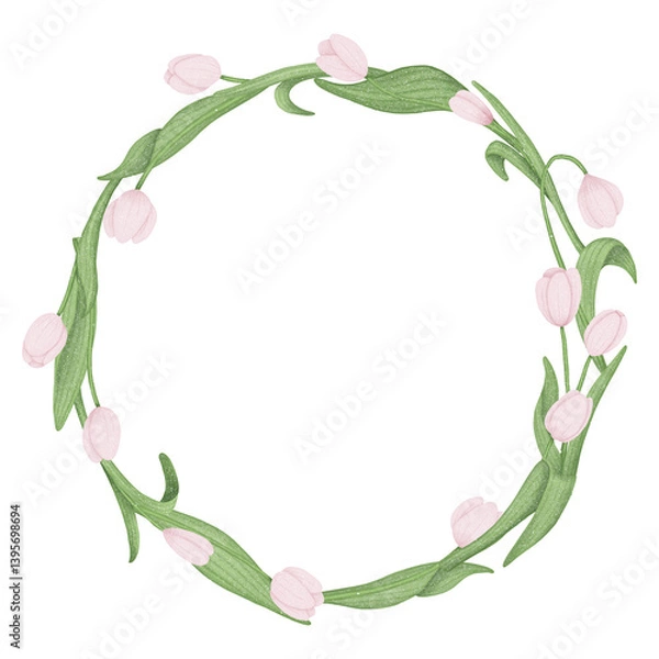 Obraz Floral wreath with pink tulips. Hand drawn illustration.