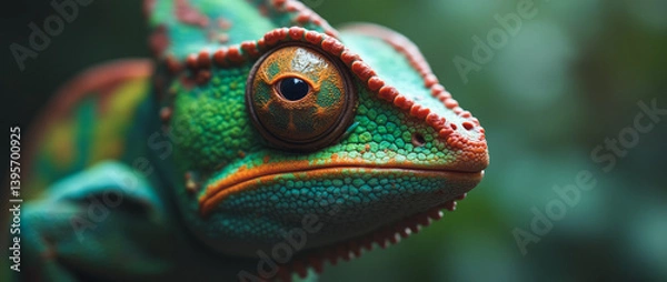 Fototapeta Chameleon’s Eye, with Every Detail of Its Scaly Skin Visible, Each Color in Its Camouflage