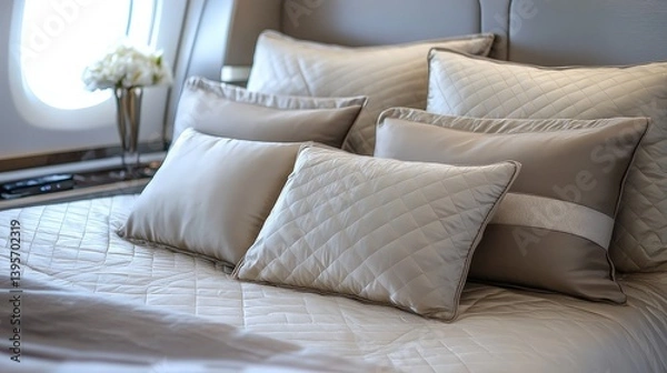 Fototapeta Elegant Cream Bedding Arrangement in Luxury Cabin