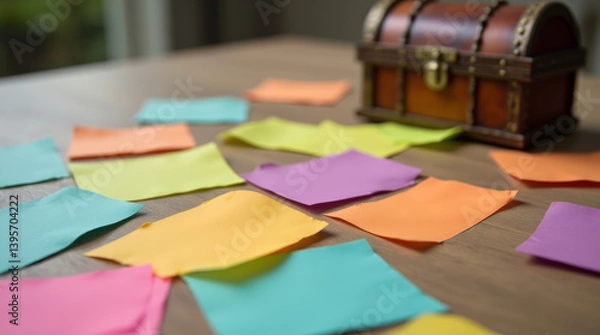 Fototapeta Trail of Colorful Empty Sticky Notes Leading to a Small Treasure Chest