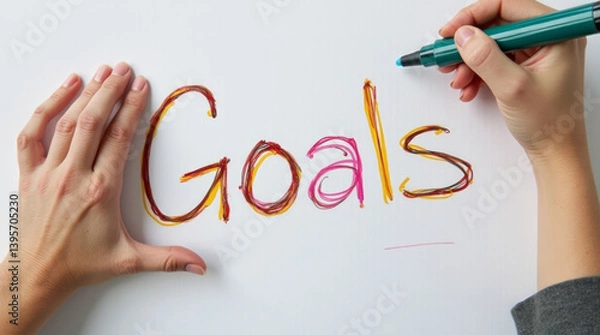 Fototapeta Photograph of Two People’s Hands Collaboratively Writing Goals on a Large Poster with Colorful Markers