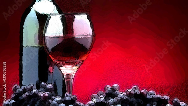 Fototapeta A stylized image depicts a bottle of wine next to a filled wine glass. In the foreground, dark purple grapes are scattered, adding texture and depth.