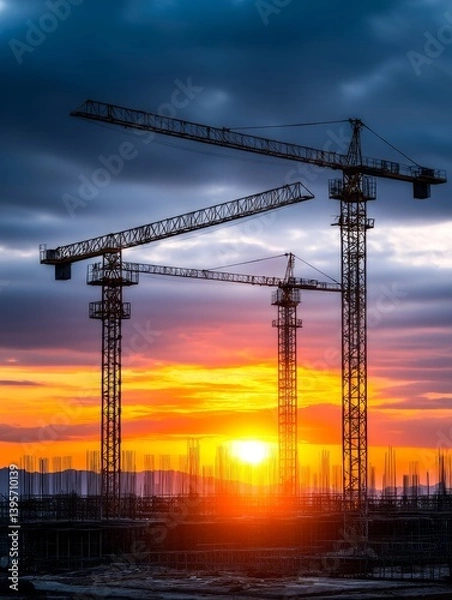 Fototapeta Sunset Construction Cranes Silhouette - Construction site at sunset, three cranes silhouette against vibrant sky, symbolizing progress, industry, development, ambition, and growth