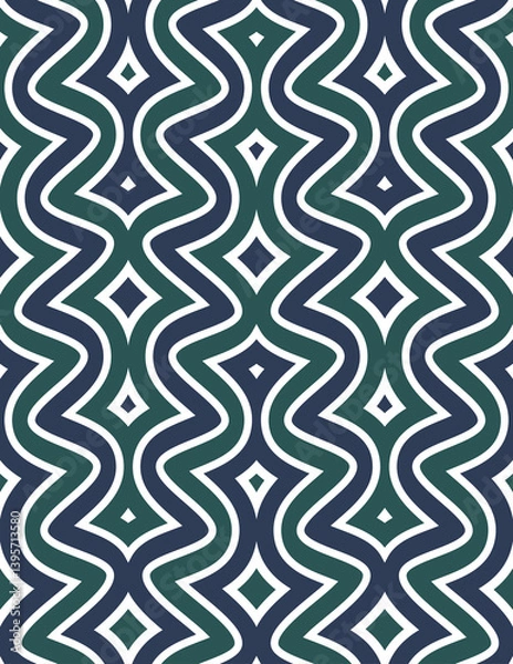 Fototapeta Seamless repeating pattern with abstract geometric wavy shapes. Striped design with green, white, and blue lines. Modern ethnic style. Decorative vector illustration.