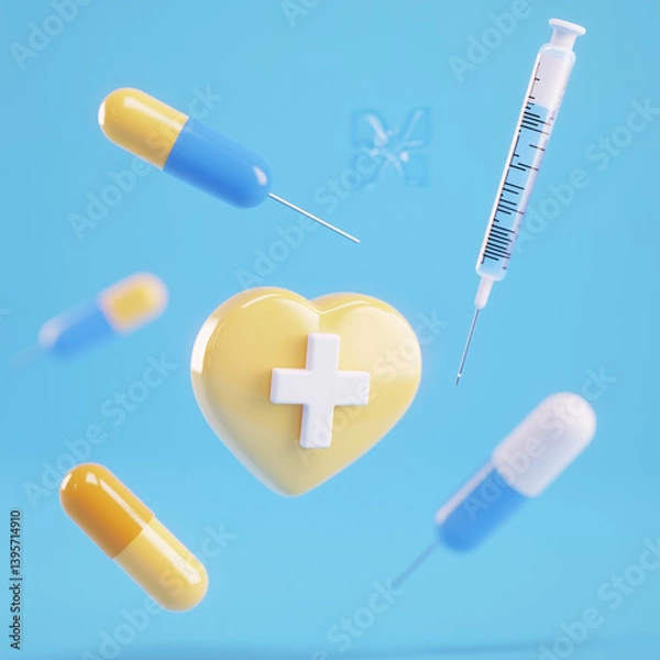 Fototapeta 3D Render of Floating Medical Icons, Pill Capsule, Syringe, and Heart