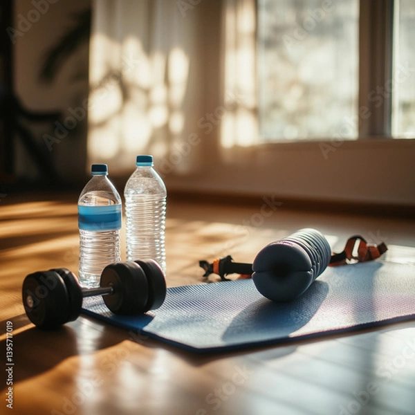 Fototapeta Minimalist Home Gym Setup with Yoga Mat, Dumbbells, and Water Bottles