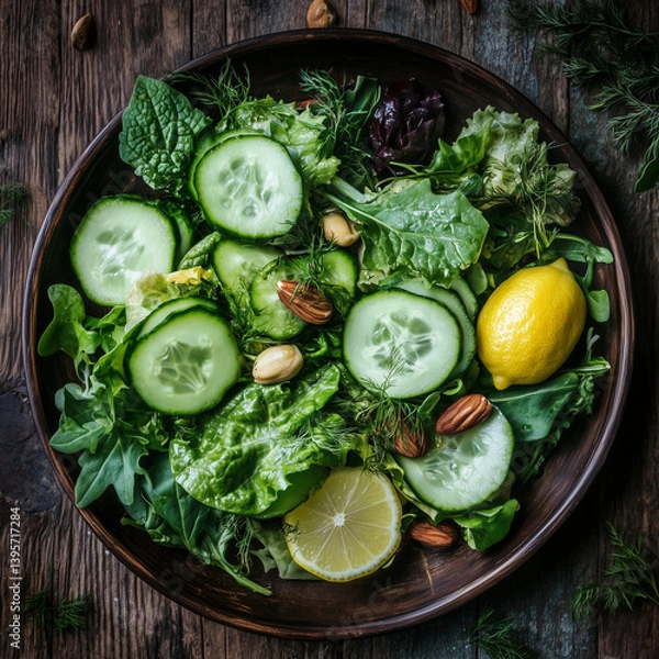 Fototapeta Vibrant Green Salad with Cucumber, Herbs, and Lemon in Wooden Bowl