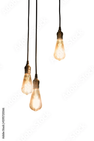 Fototapeta three retro lamps hanging from above with glowing electric light