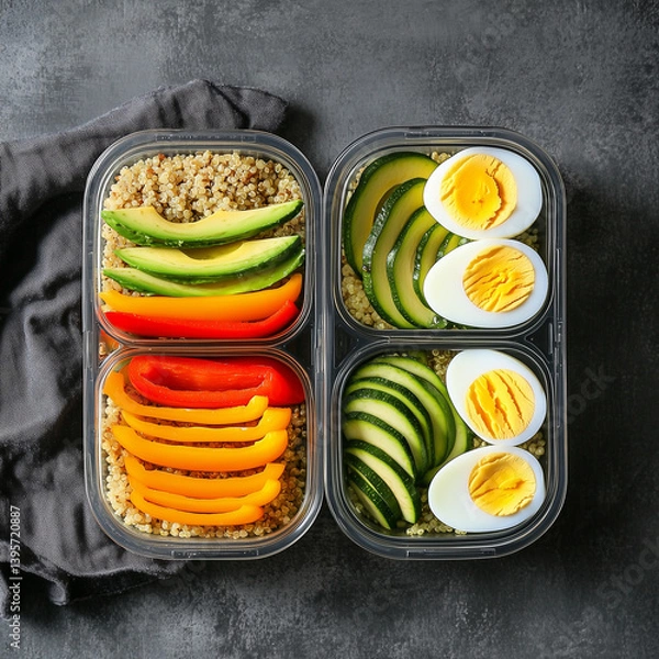 Fototapeta Healthy Meal Prep Containers with Quinoa, Grilled Vegetables, and Boiled Eggs