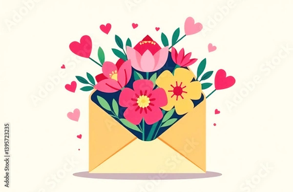 Fototapeta Message with floral arrangement inside an envelope. 