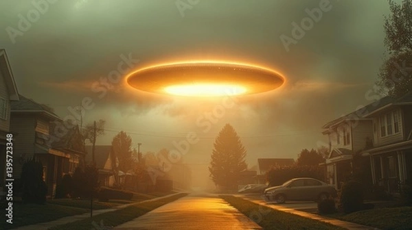 Fototapeta A UFO emits a strange hum as it hovers above a quiet neighborhood