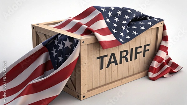 Fototapeta A shipping box labeled "Tariff" is tightly wrapped in the American flag, symbolizing national trade policies and protectionist economic measures