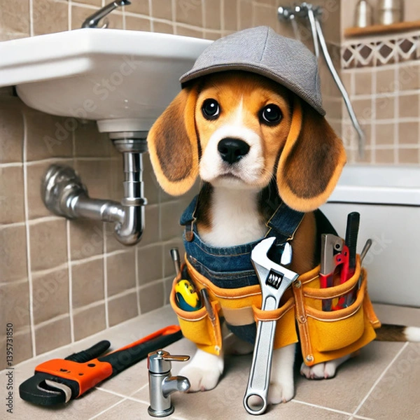Fototapeta Adorable beagle puppy dressed as plumber with tool belt in bathroom.