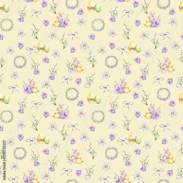 Obraz Pattern with a baby rabbit and a duckling hugging, colorful eggs, bouquets of snowdrops, willows and violets, daffodils, wreaths and bows on a yellow background.