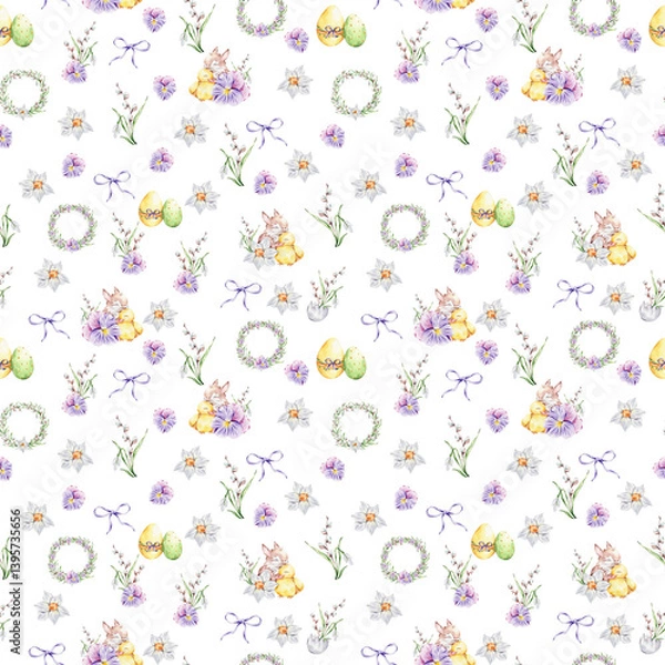 Obraz Pattern with a baby rabbit and a duckling hugging, colorful eggs, bouquets of snowdrops, willows and violets, daffodils, wreaths and bows on a white background.