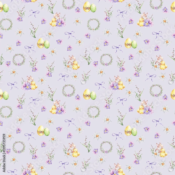 Obraz Pattern with a baby rabbit and a duckling hugging, colorful eggs, bouquets of snowdrops, willows and violets, daffodils, wreaths and bows on a violet background.