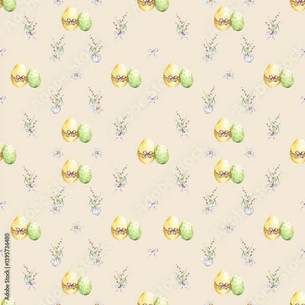 Obraz Pattern with a colorful eggs and a bouquets of snowdrop, willows and daffodil on a yellow background.