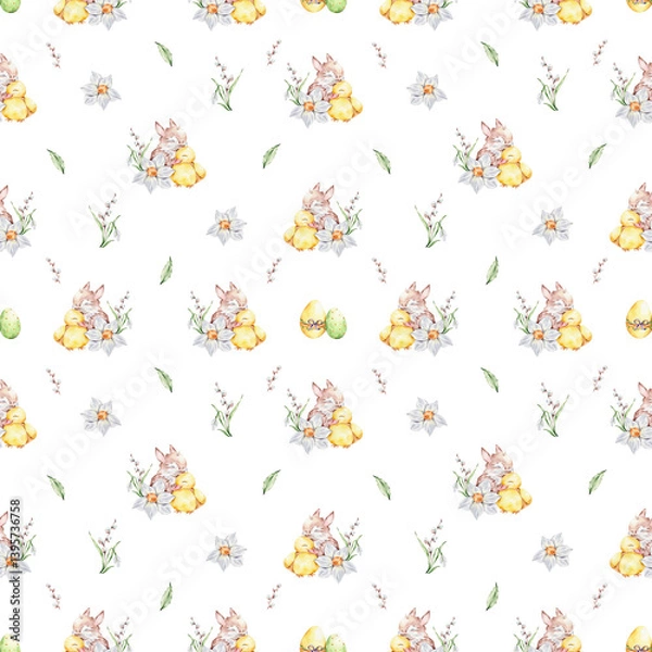 Obraz Pattern with a baby rabbit and a duckling hugging, colorful eggs and a bouquet of snowdrop, willows and daffodil on a white background.