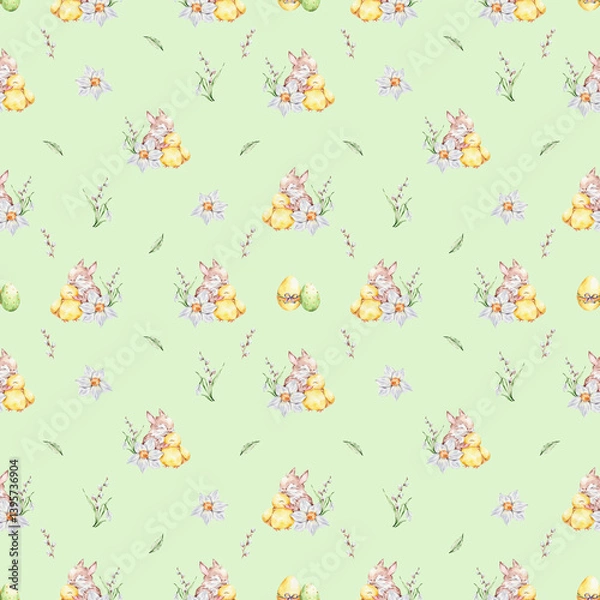 Obraz Pattern with a baby rabbit and a duckling hugging, colorful eggs and a bouquet of snowdrop, willows and daffodil on a green background.