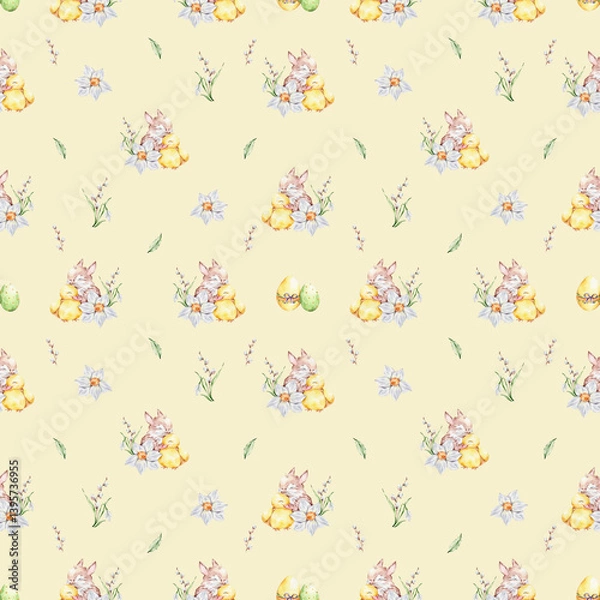 Obraz Pattern with a baby rabbit and a duckling hugging, colorful eggs and a bouquet of snowdrop, willows and daffodil on a yellow background.