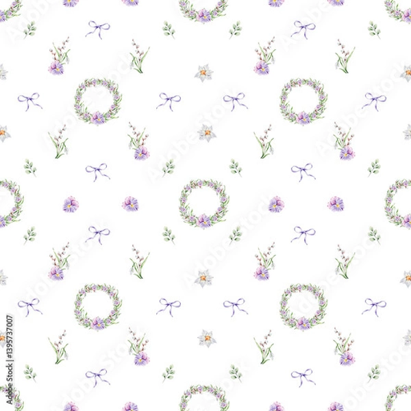 Obraz Pattern with a wreath of violets, snowdrops and willow, individual floral elements on a white background.