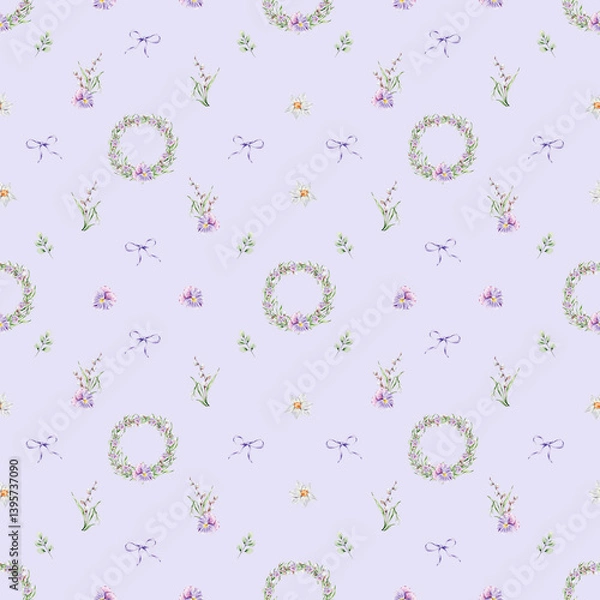 Obraz Pattern with a wreath of violets, snowdrops and willow, individual floral elements on a violet background.