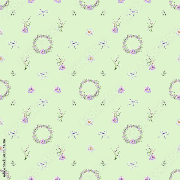 Obraz Pattern with a wreath of violets, snowdrops and willow, individual floral elements on a green background.