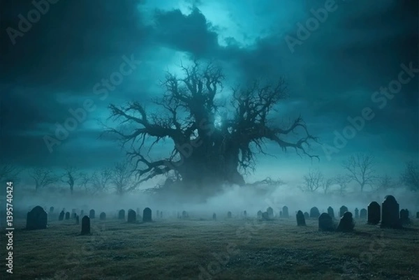 Fototapeta Spooky cemetery with giant tree and fog at night
