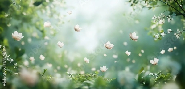 Obraz A whimsical spring scene with soft blossoms floating through the air, surrounded by gentle greenery, evoking a dreamlike atmosphere.
