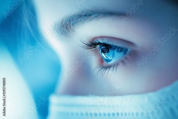 Obraz A close-up of an eye with a mask, capturing detail and emotion, symbolizing introspection and awareness.