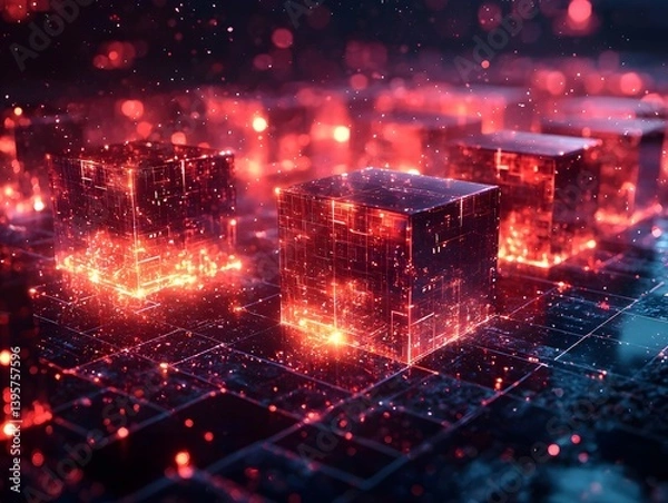 Fototapeta Glowing cubes in a futuristic cityscape representing data visualization