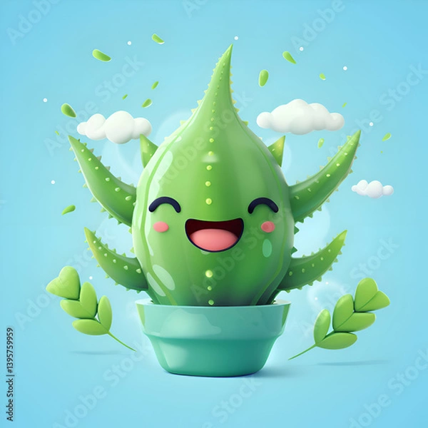 Fototapeta Happy Cartoon Cactus in Pot. Cute 3D Render