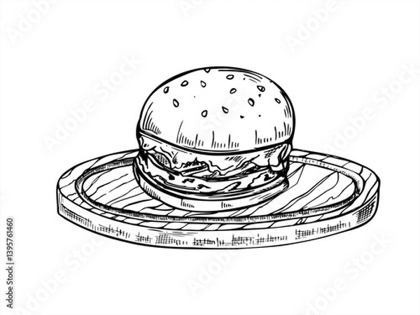 Obraz Smash burger served on round wooden board vector illustration painted by black inks. Etching drawing of classic homemade healthy beef sandwich for restaurant menus, food delivery concepts.
