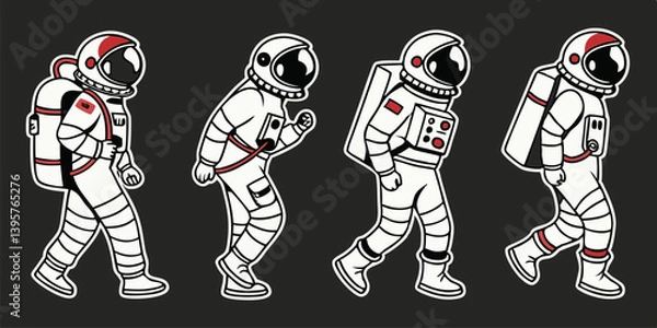 Obraz Retro Cartoon Vector Illustration of Four Astronauts in White Space Suits Walking and Strolling on Black Background for Space Exploration Adventure Cosmos Universe Spacewalk